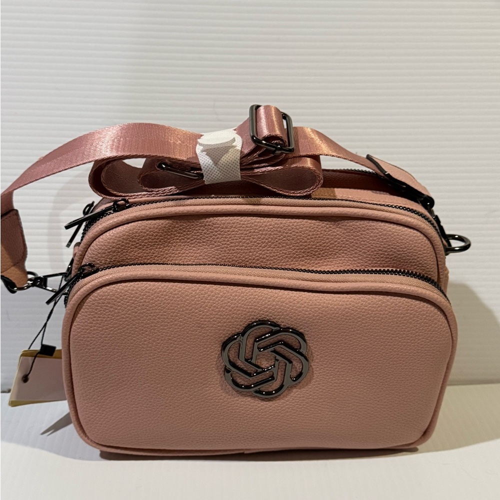 NEW Spacious 100% Vegan Leather Blush Crossbody Bag with Gun Metal Logo Design